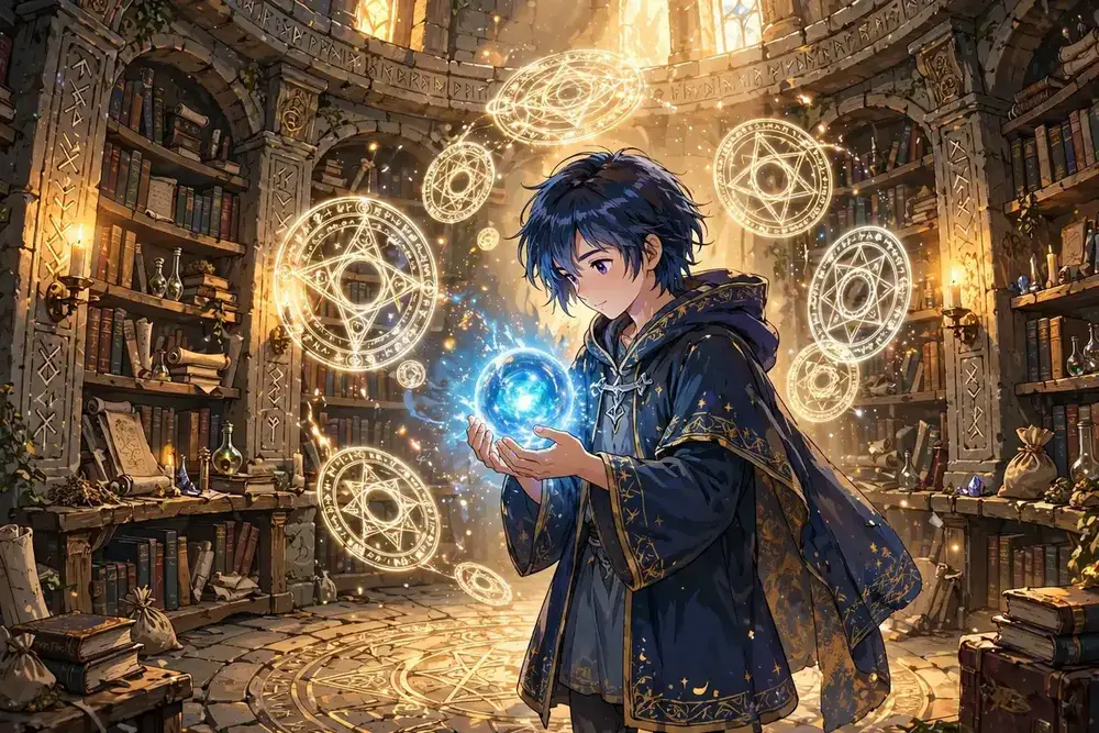 Anime-style illustration of a young mage holding a glowing blue orb in a rune library