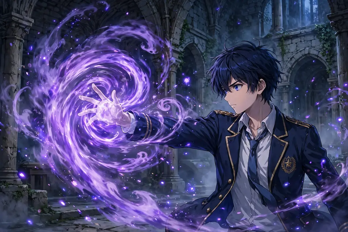 Anime-style illustration of a mage casting a violet spell in an ancient academy hall