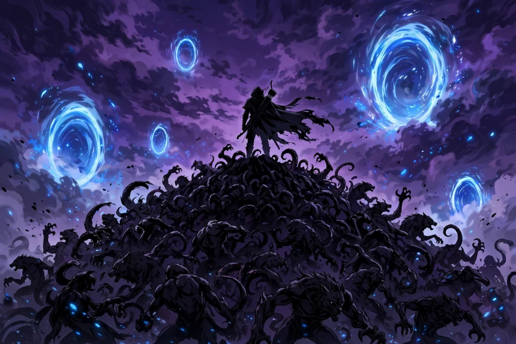 Best completed manhwa: hunter silhouette facing glowing portals over an army of shadow monsters