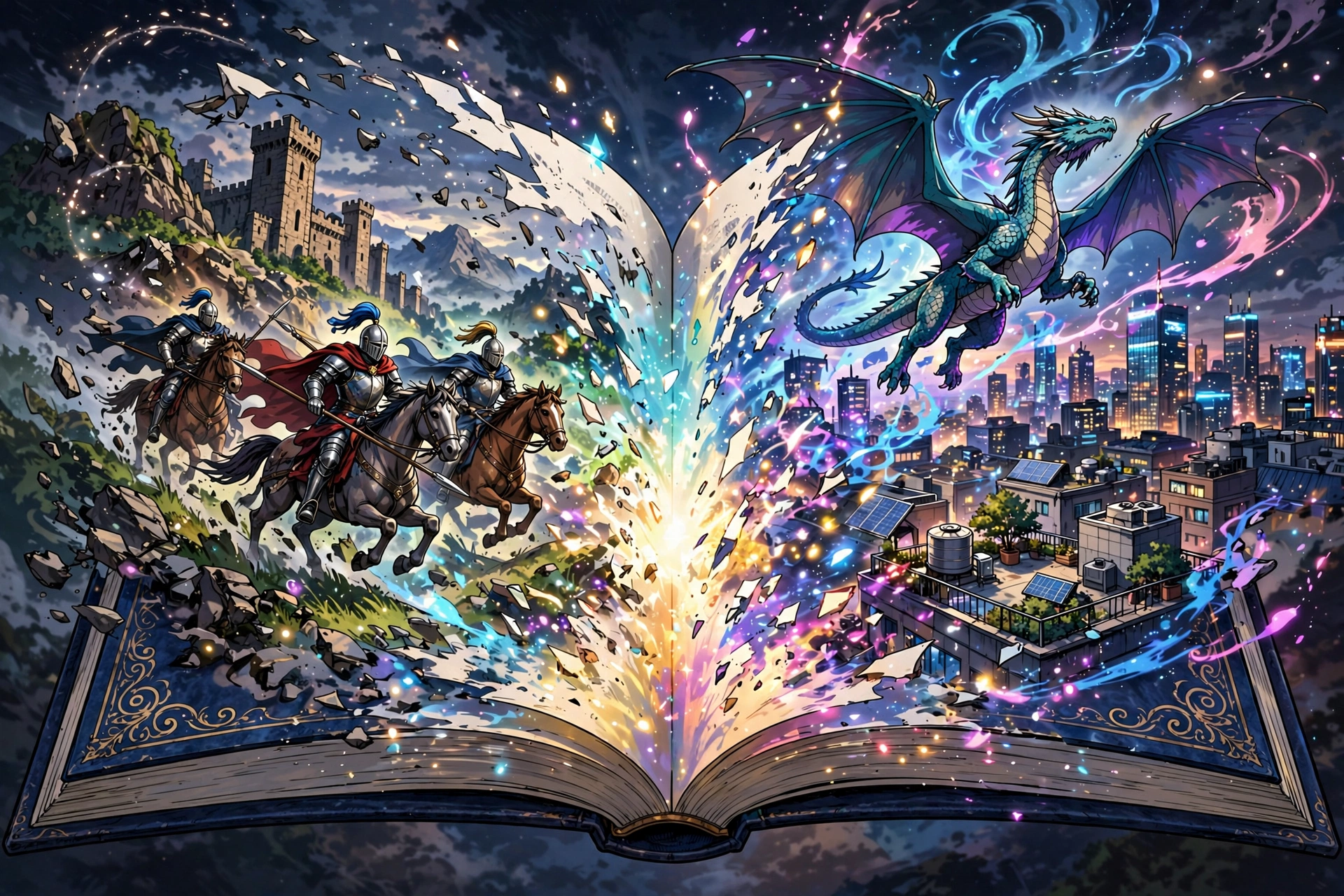 Glowing open book releasing fantasy scenes of knights, dragons and city rooftops