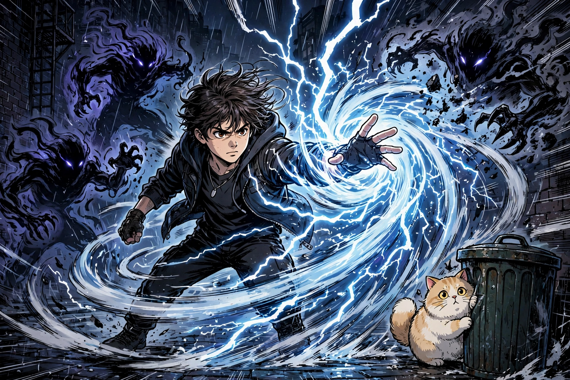 Manhwa-style illustration of a teen hero unleashing lightning against shadowy attackers while a chubby cat hides nearby
