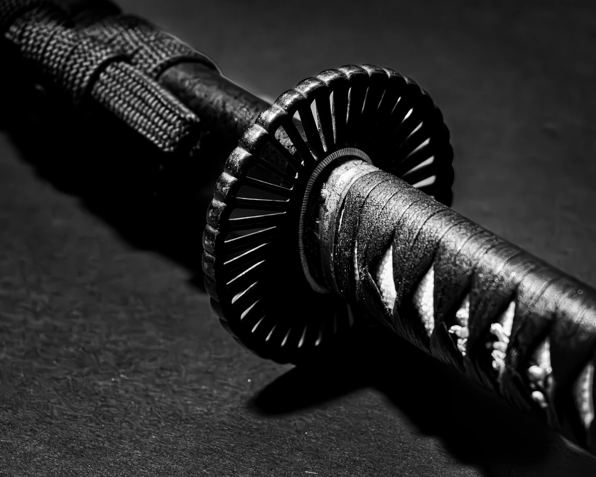 Close-up of a katana blade and ornate handguard
