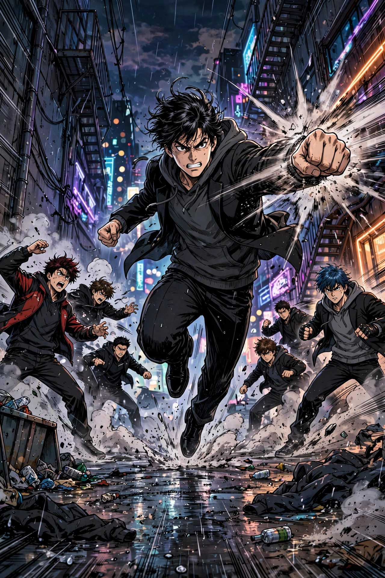 Manhwa-style illustration of a dramatic nighttime street fight between high-school rival crews