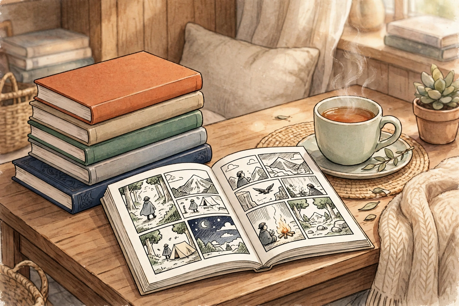 Illustration of a person reading manga in a cozy room