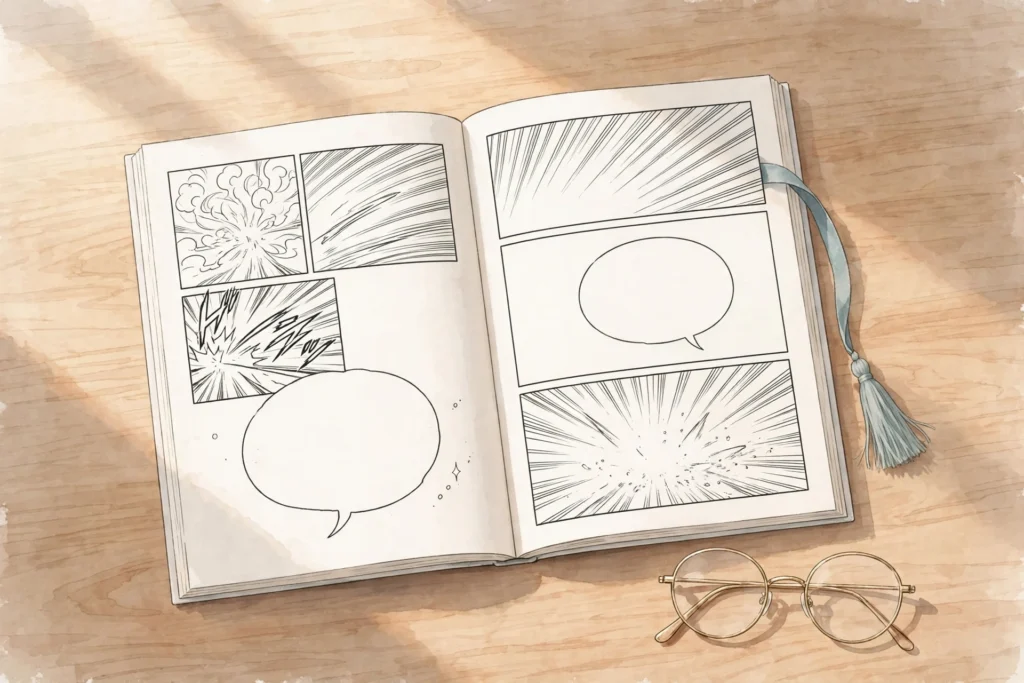 Open manga volume with black-and-white panels on a wooden surface