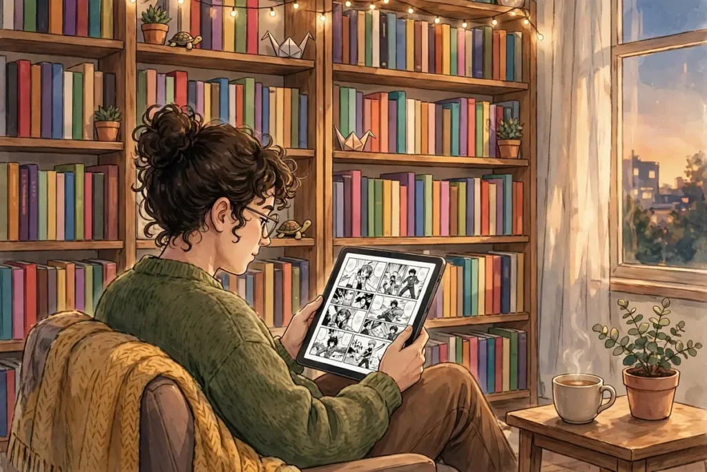 Illustrated person reading comics in a cozy room with bookshelves