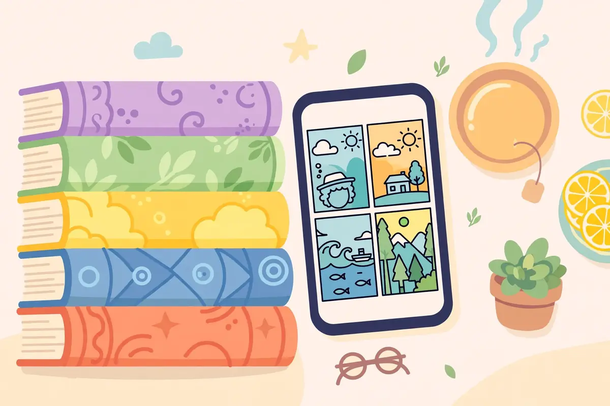 Stack of colorful books beside a phone showing illustrated comics