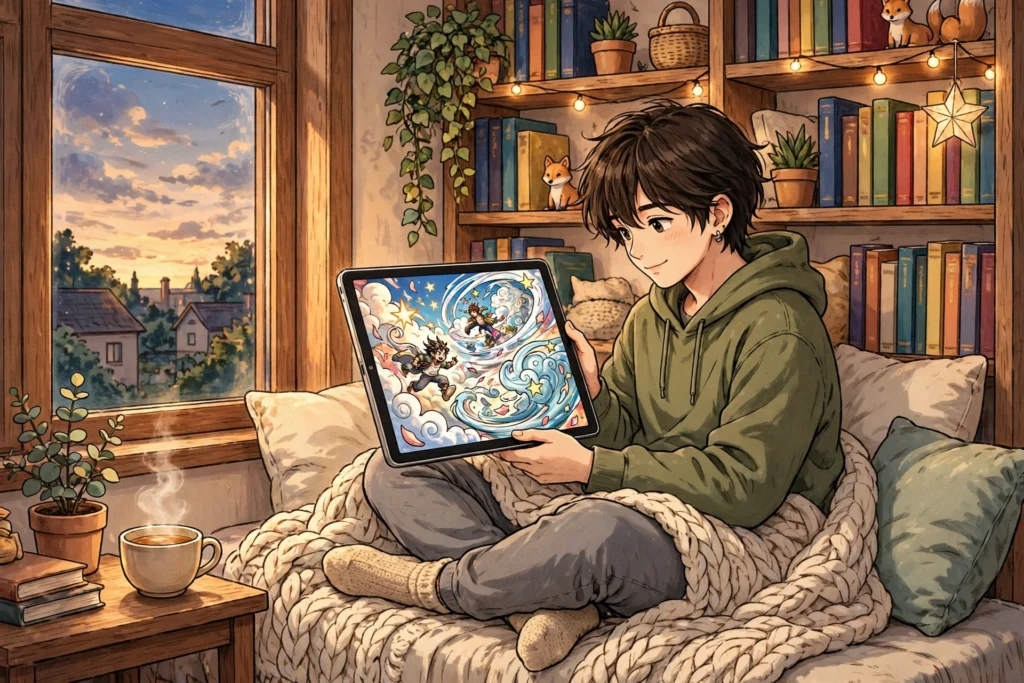 A young reader holding a tablet showing manga art in a cozy room with bookshelves