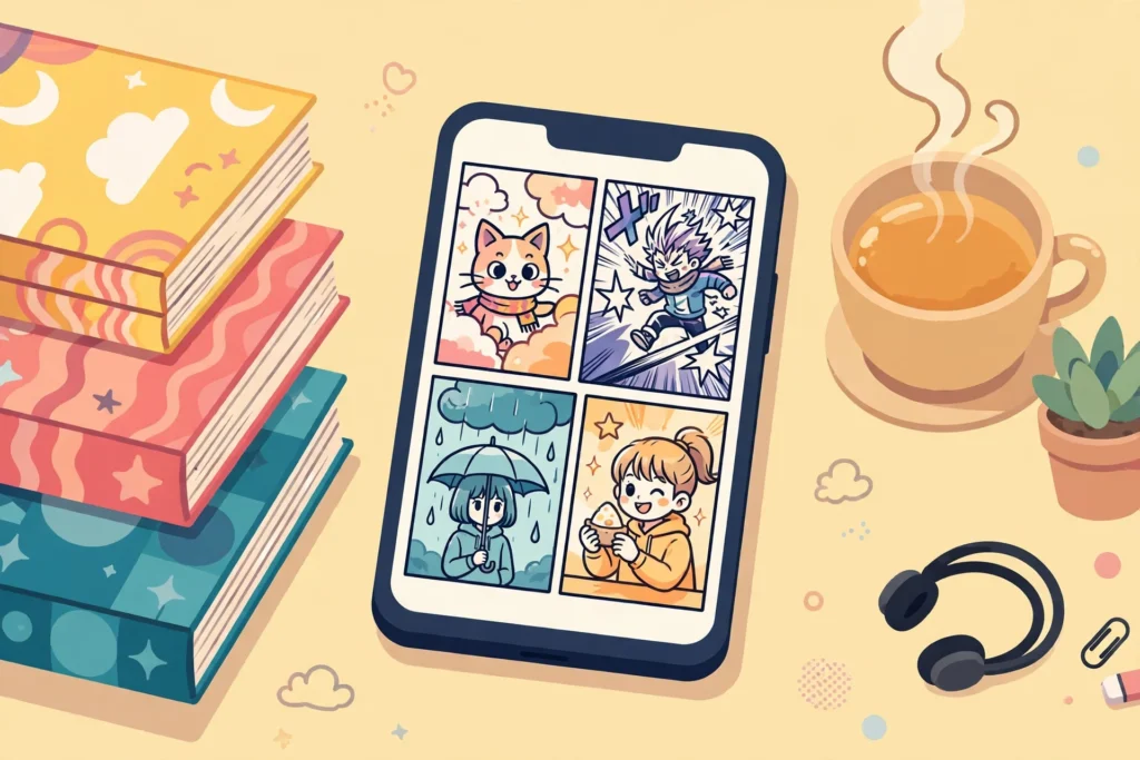Manga panels on a phone beside books and a cup of tea