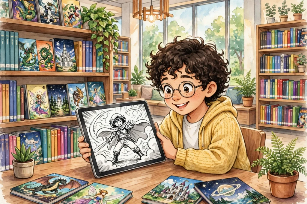 Manga reading illustration
