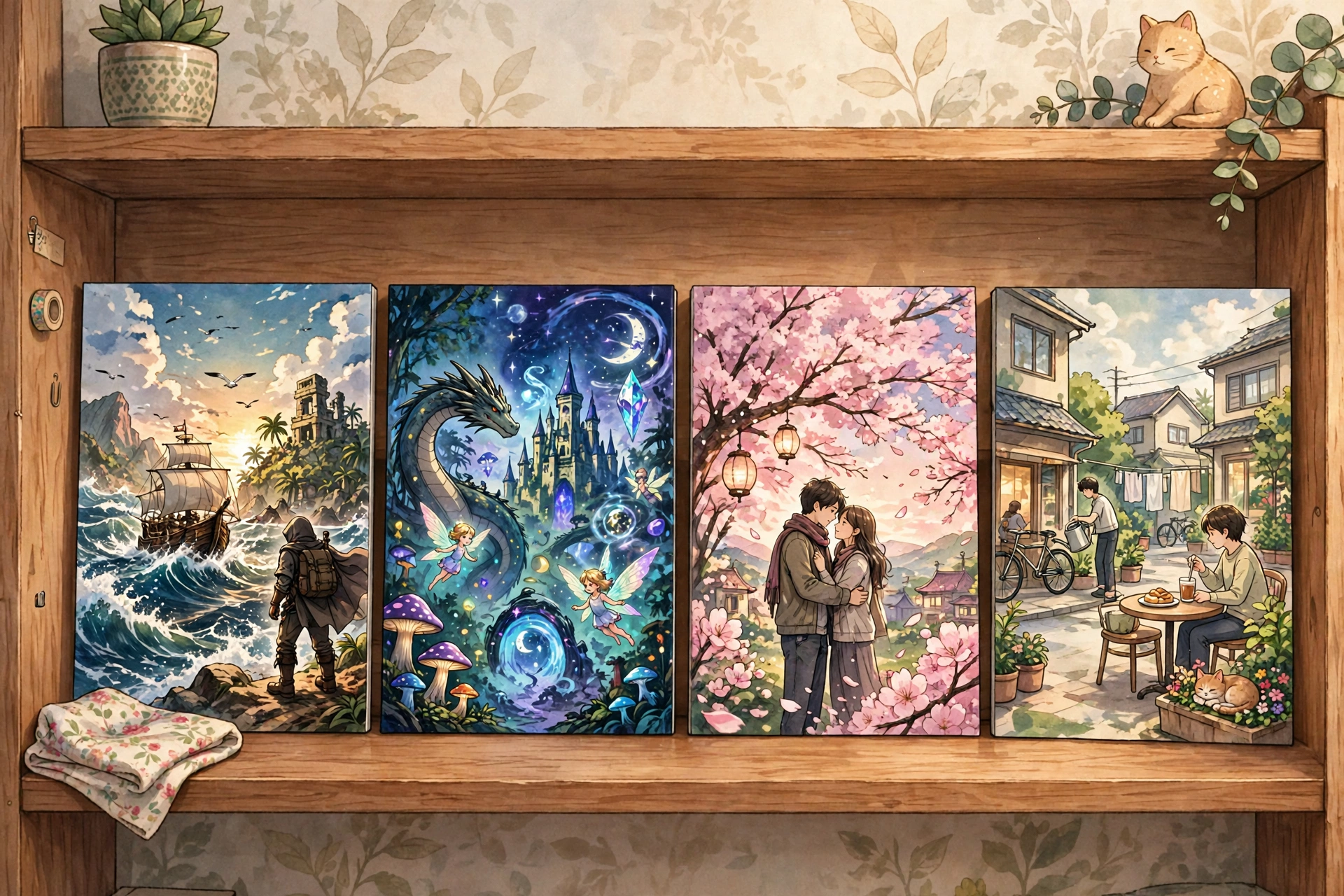 Illustration of manga books on a bookshelf