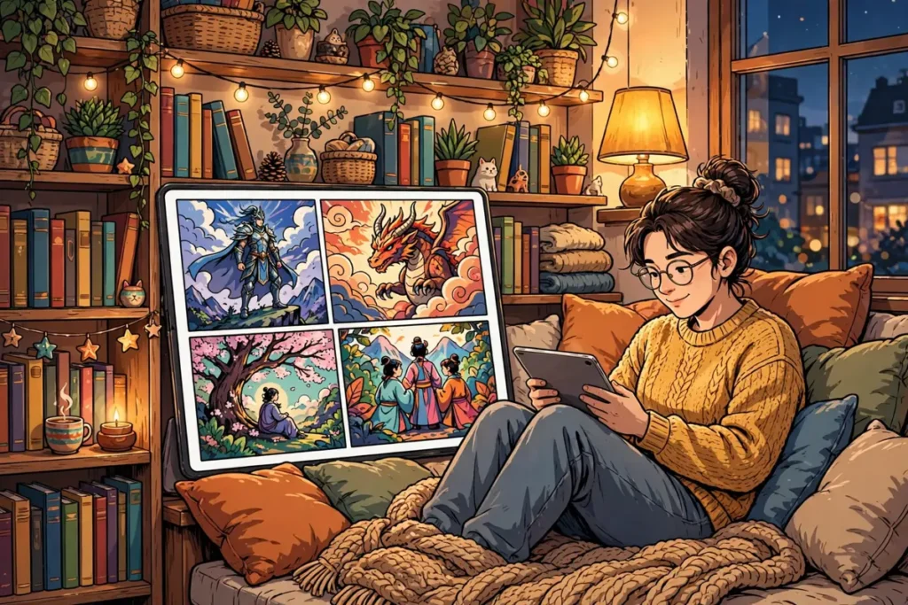 Illustrated scene of a person reading comics in a cozy room