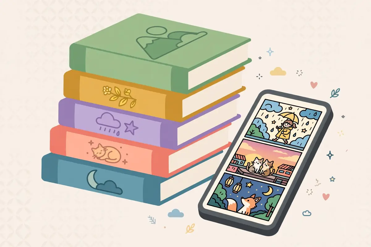 Stack of colorful books beside a phone showing illustrated comics