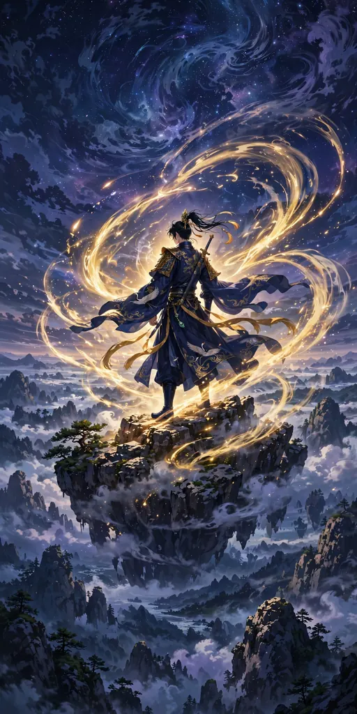 Warrior before a swirling cosmic vortex with golden energy