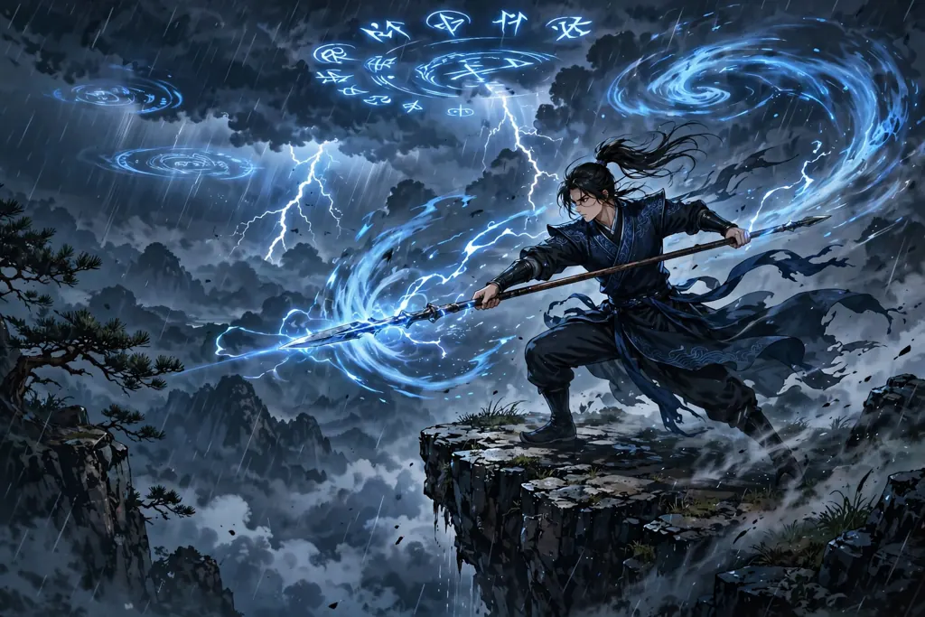 Cultivator wielding a spear amid lightning in a stormy sky