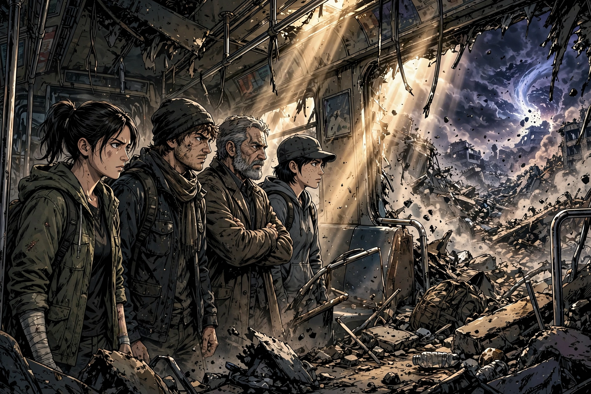 Illustration of survivors standing in a wrecked subway car as a mysterious event unfolds around them