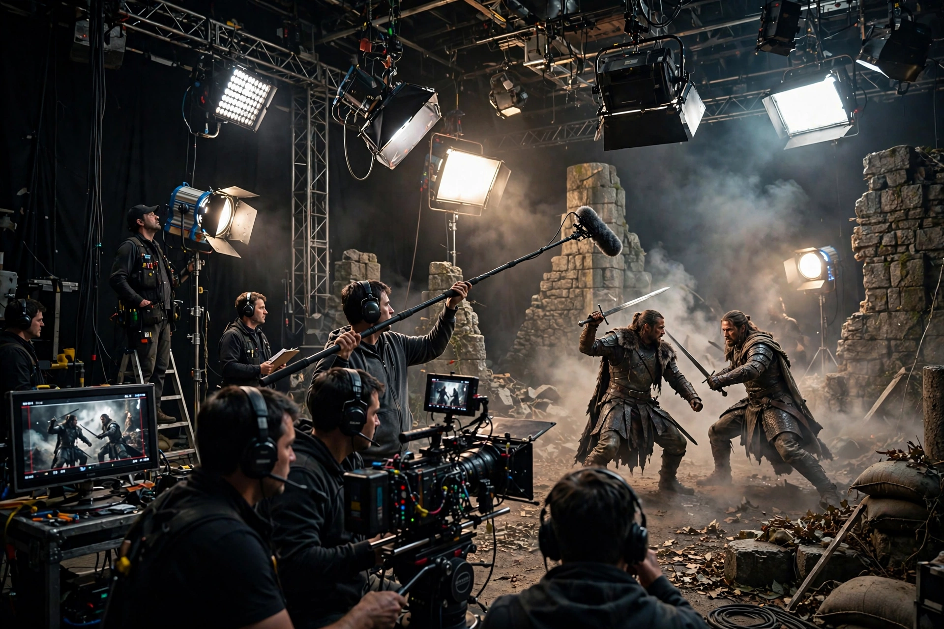 Illustration of a film crew shooting a fantasy battle scene on a studio set