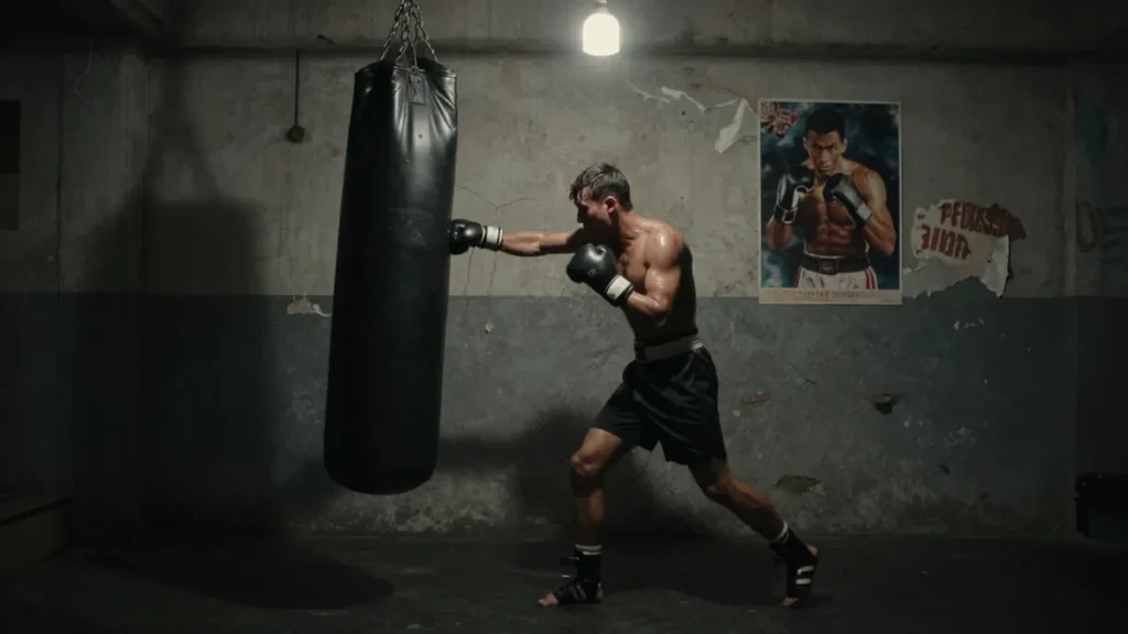 Boxer training in a dark gym during an intense workout