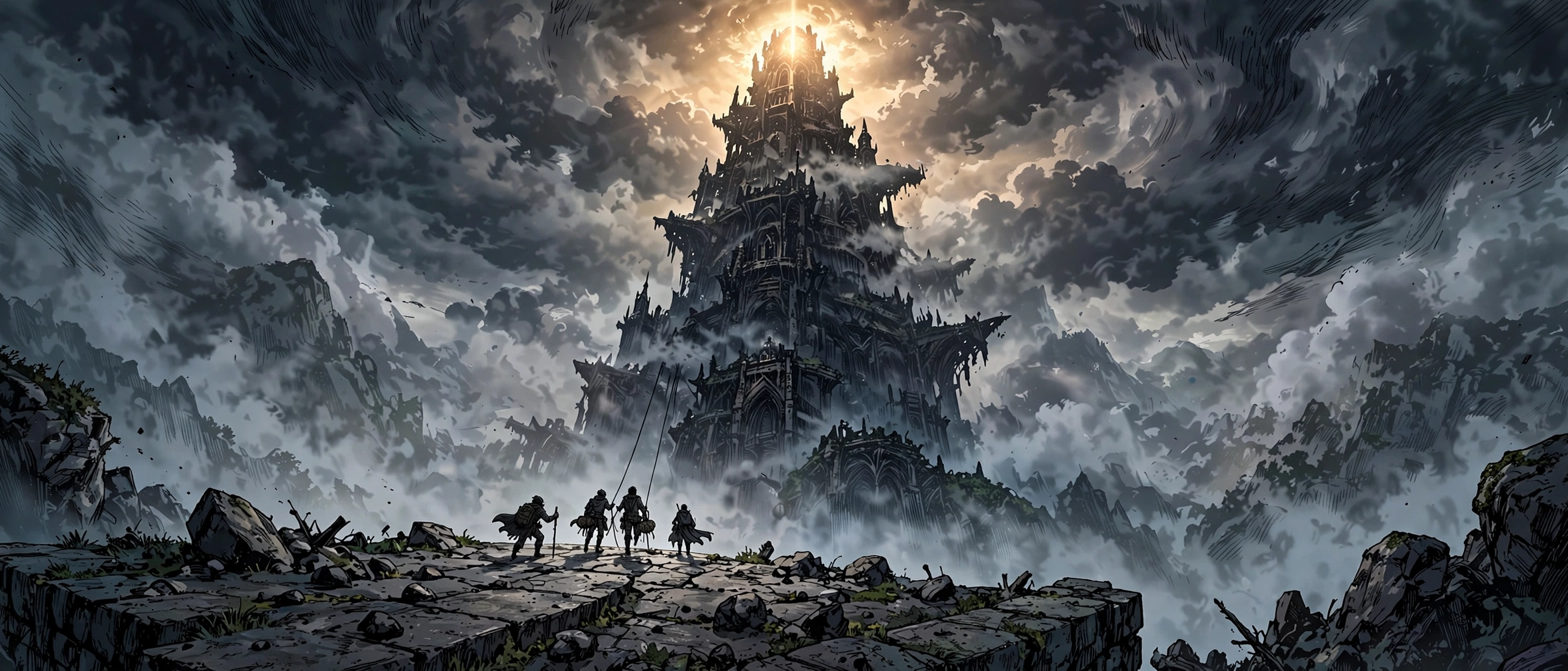 Fantasy illustration of a colossal tower rising through dramatic clouds