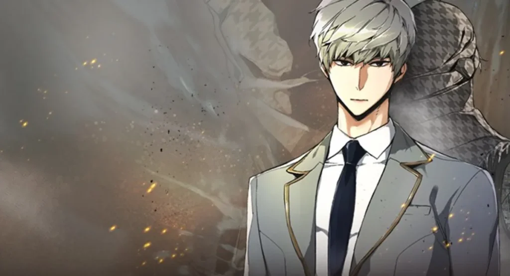Anime-style illustration of a stern young man in a school uniform with embers in the background