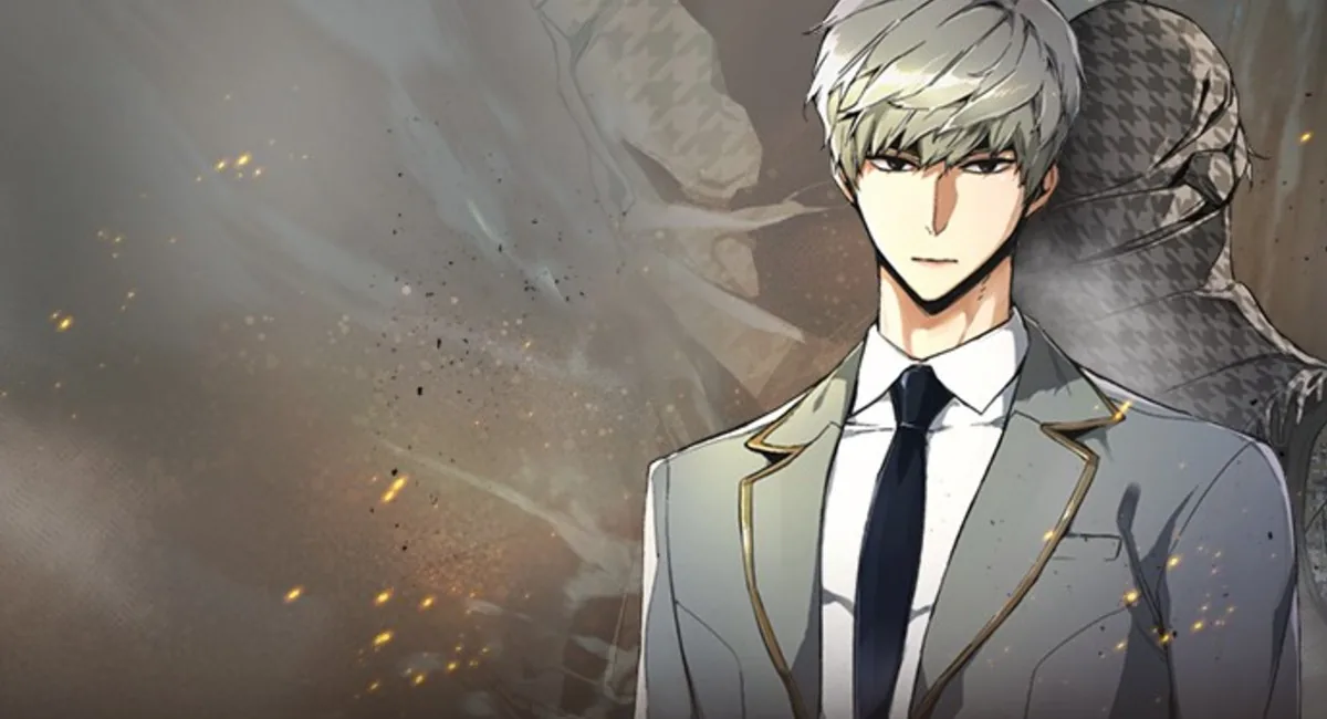 Anime-style illustration of a stern young man in a school uniform with embers in the background