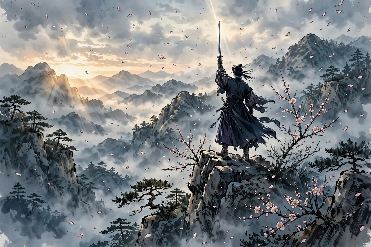Illustration of a swordsman standing on a misty mountain peak with drifting petals