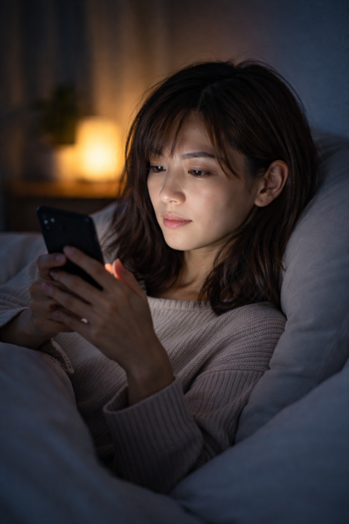 Woman reading on her phone in bed at night under warm lamplight