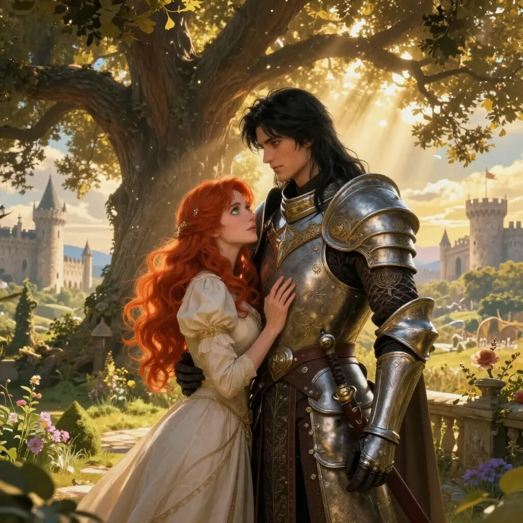 Fantasy illustration of a knight and a noblewoman beneath a large oak tree with a castle in the background