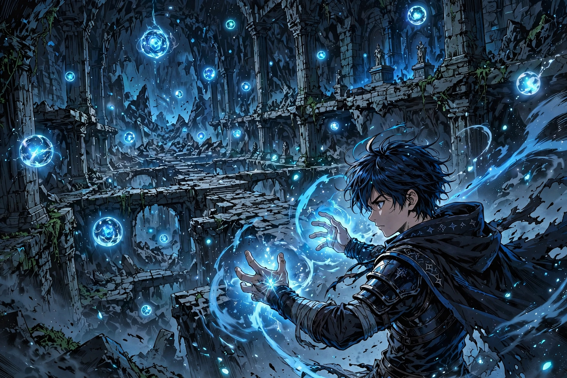 Manhwa-style illustration of a hero with glowing energy inside a dungeon chamber
