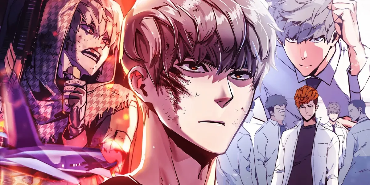 Dramatic manhwa art of a mercenary surrounded by action scenes