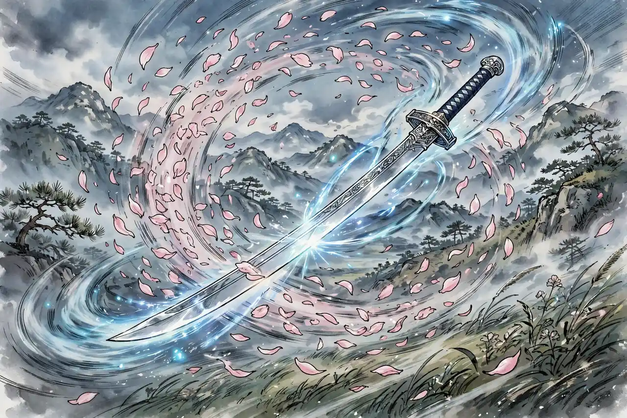 Illustration of a sword technique surrounded by swirling flower petals