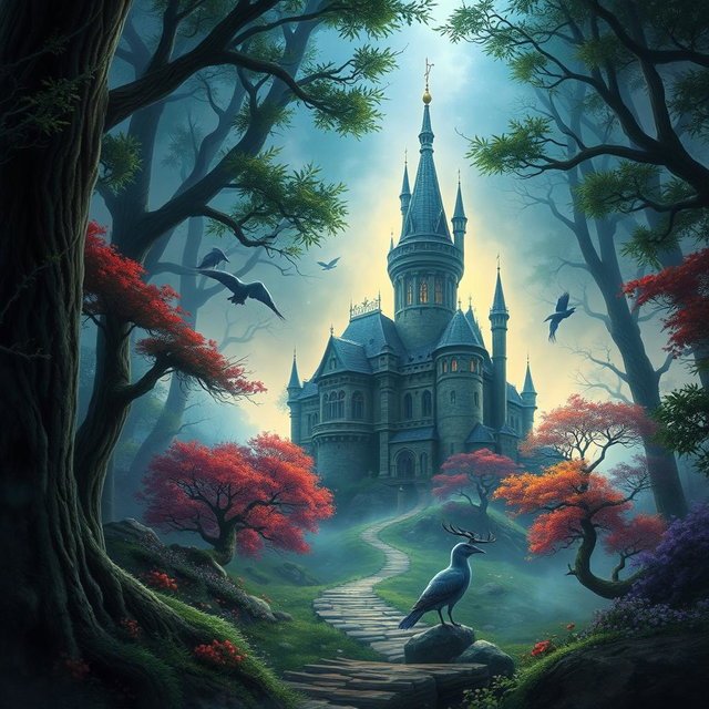 Illustration of a stone castle surrounded by forest trees