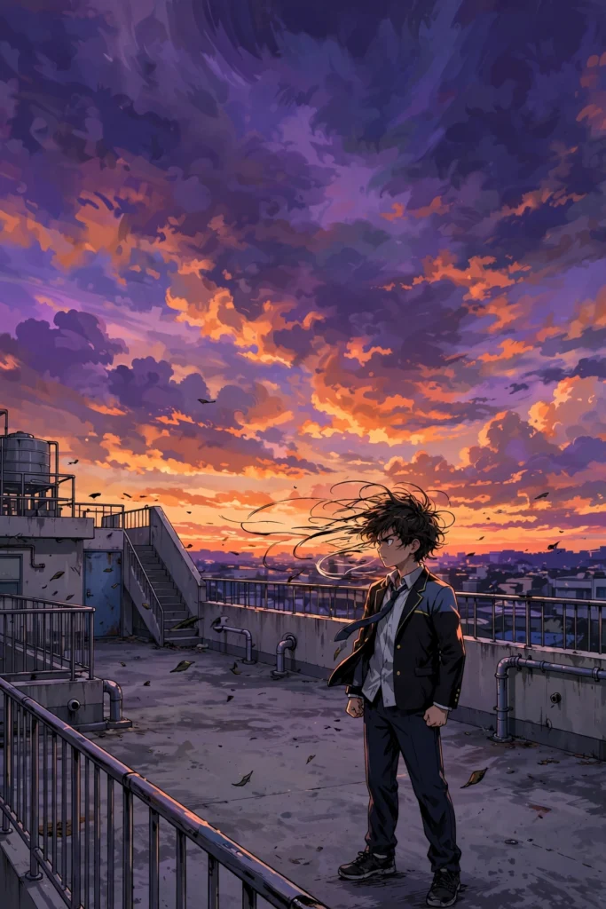 Webtoon-style illustration of a student standing on a school rooftop at dusk