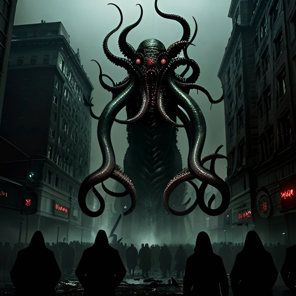 Dark illustration of a giant monster looming over a city street