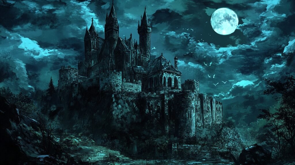 Dark fantasy castle under a dramatic night sky