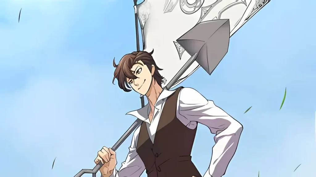 Manhwa illustration of a confident young engineer with a shovel against a bright sky