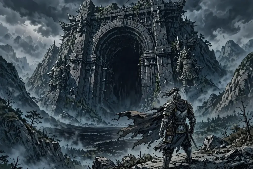 Illustration of an armored warrior standing before a giant dark gate