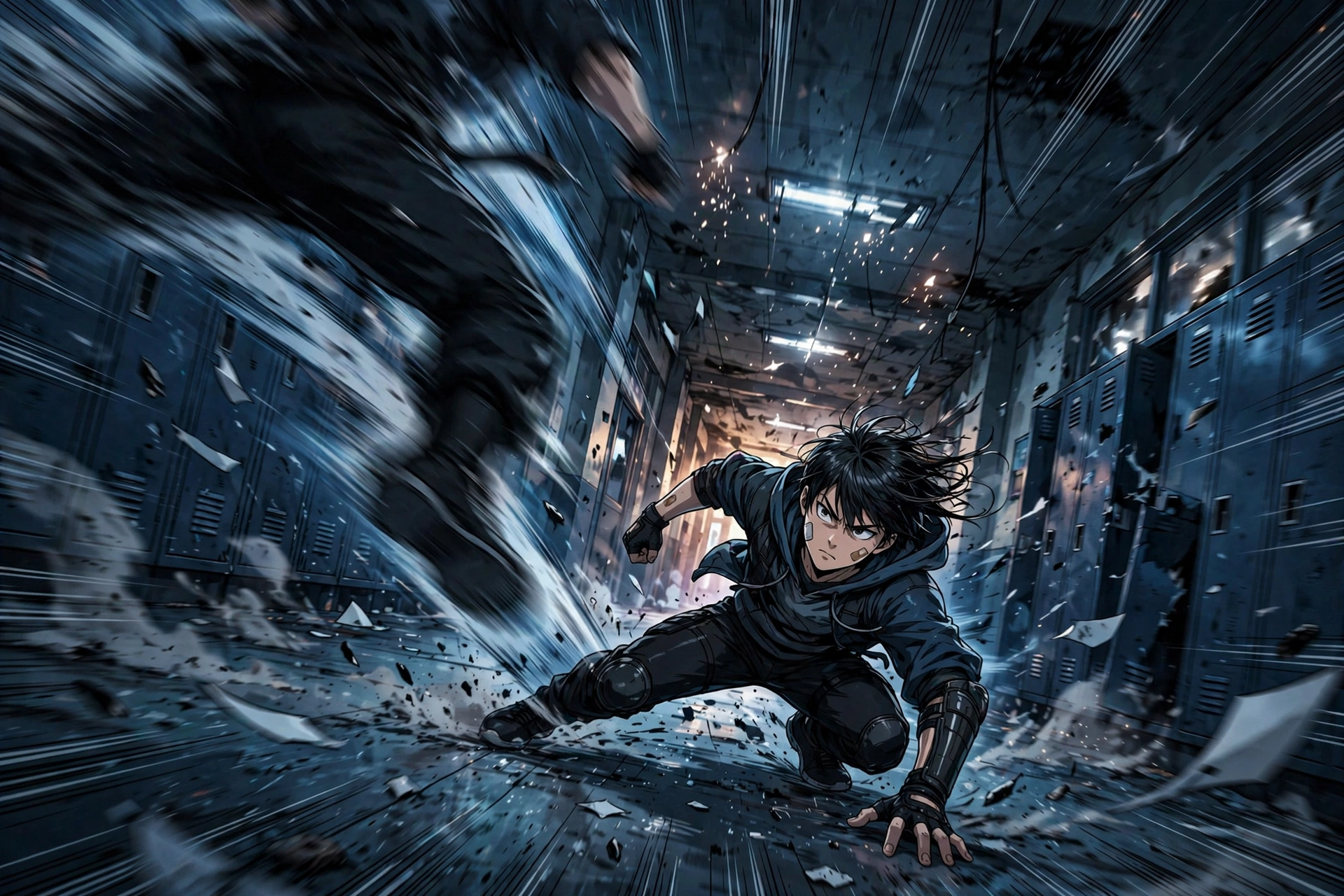 Action illustration of a fighter moving through a dark school hallway