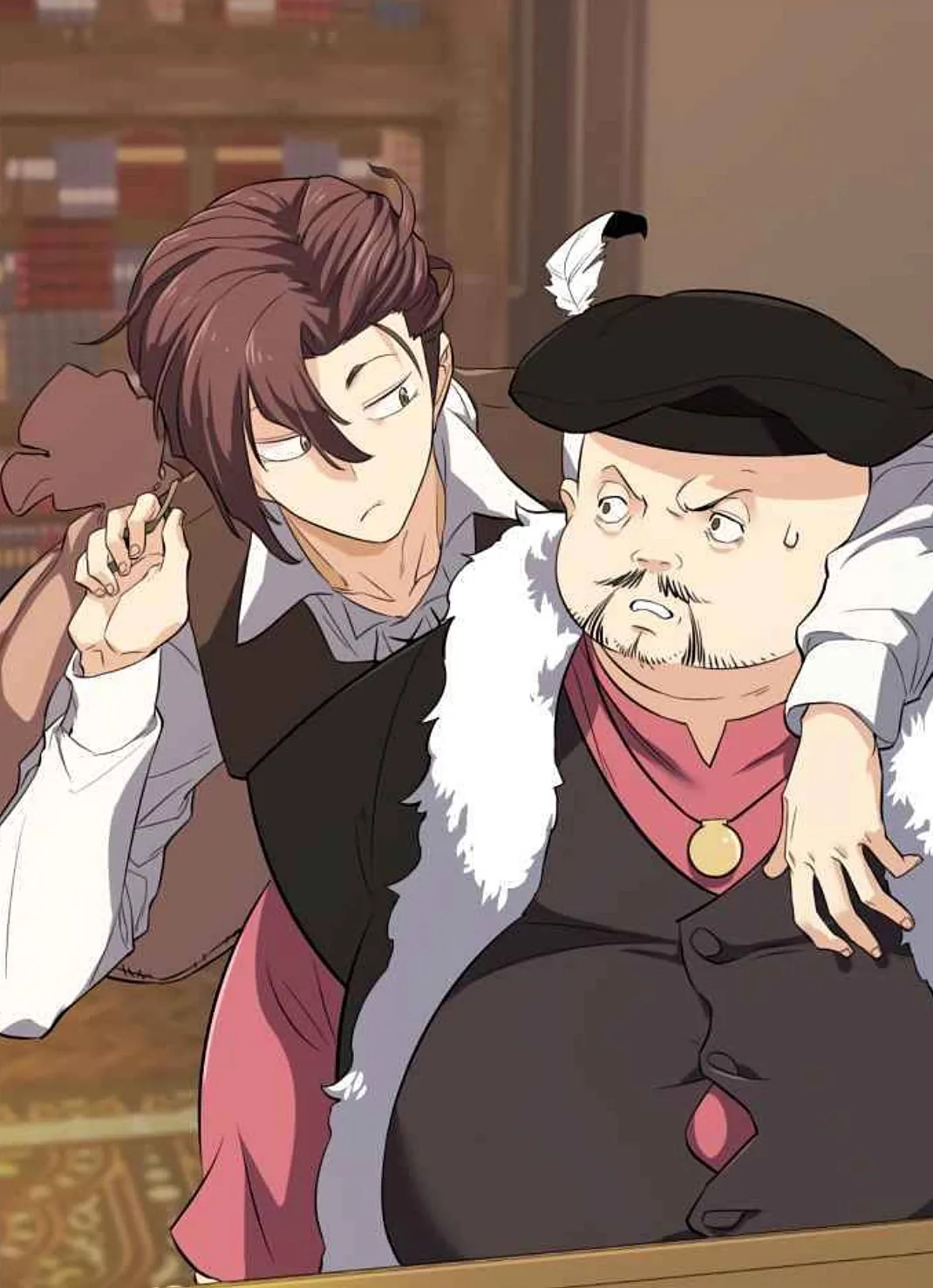 Comedic manhwa scene of a young man grabbing a shocked nobleman