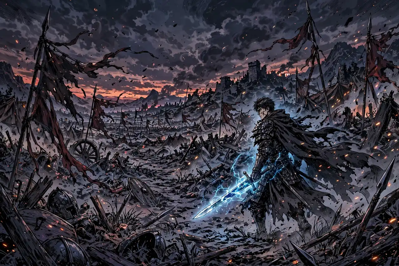 Illustration of a warrior with a glowing sword in a ruined battlefield