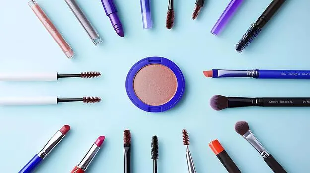 Assortment of makeup brushes and cosmetics on a pastel background