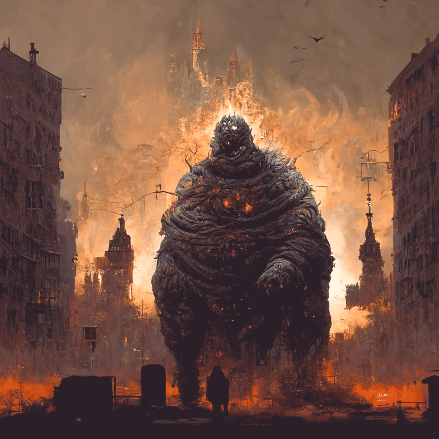 Illustration of a towering monster creature in a ruined city at dusk
