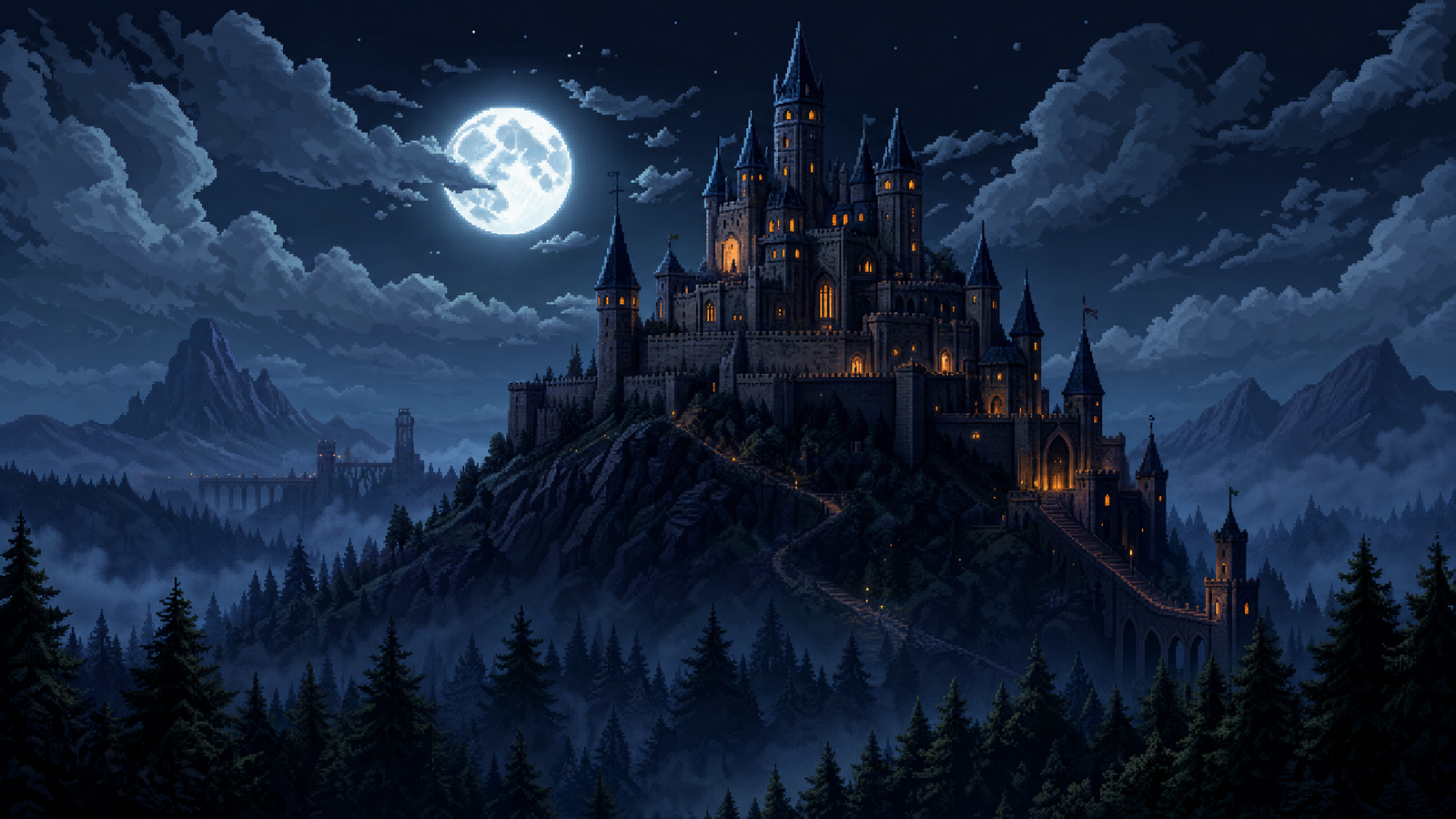 Atmospheric castle silhouette at dusk with warm lights