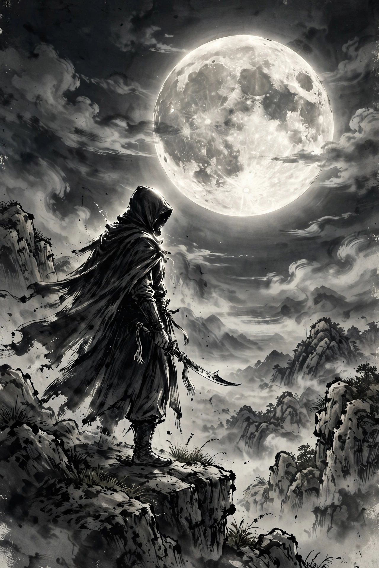 Hooded murim assassin holding a curved sword beneath a glowing full moon in dark manhwa art style