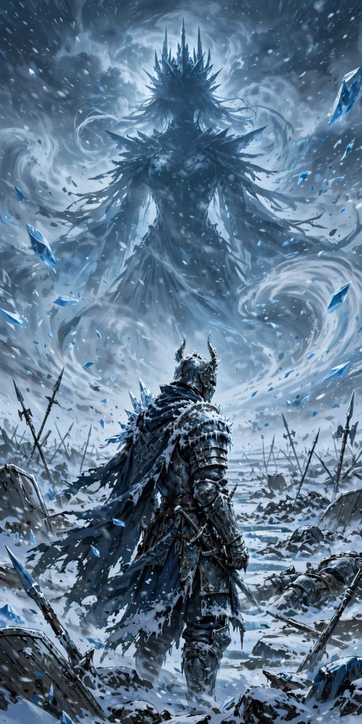 Manhwa-style illustration of an armored warrior in a frozen battlefield with an ice queen silhouette