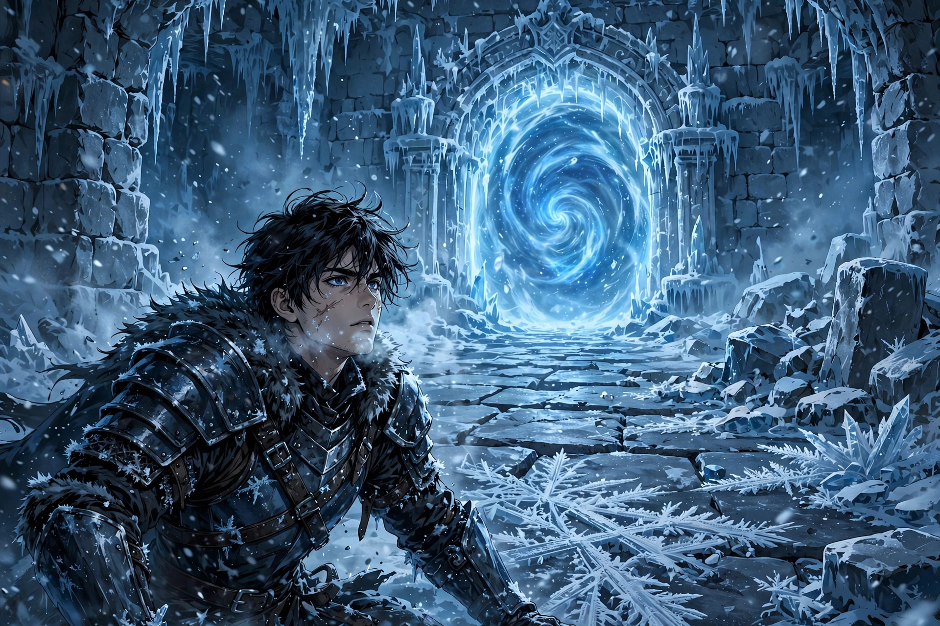 A warrior awakening in a glowing icy dungeon chamber with a frosty portal gate