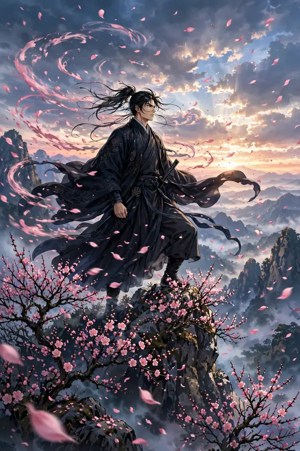 Swordsman with swirling plum blossom petals at sunset