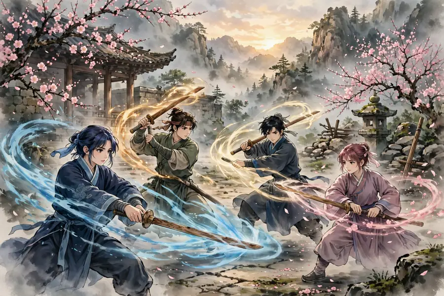 Swordsmen training among plum blossoms