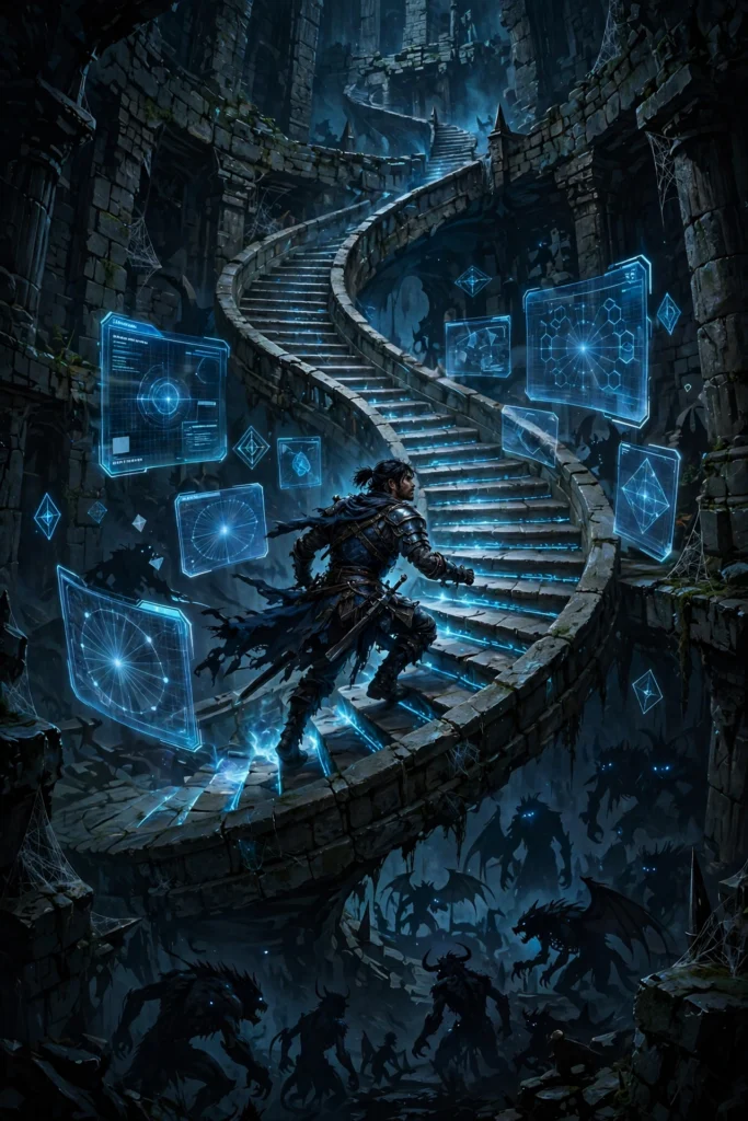 Illustration of a warrior climbing a tower staircase surrounded by game-status windows