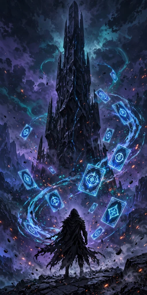 Dark fantasy illustration of a lone hunter before a towering spire with glowing skill cards